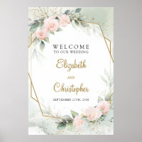 Boho Blush Pink Floral and Gold Welcome Sign