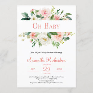 Boho Blush Pink Floral and Greenery Modern Baby Invitation