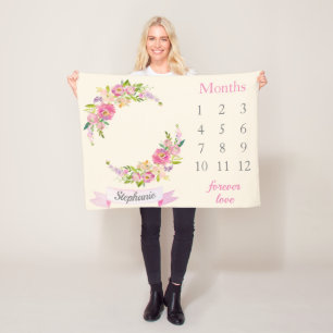 Boho Blush PInk Floral Baby Girl Milestone Baby Fleece Blanket