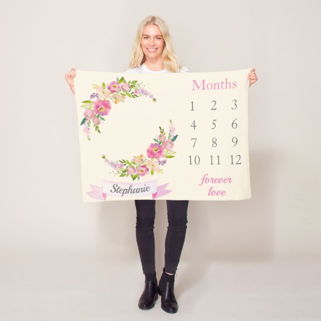 Boho Blush PInk Floral Baby Girl Milestone Baby Fleece Blanket (In Situ)