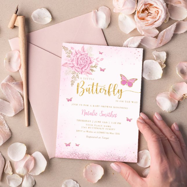 Boho Blush Pink Floral Butterfly Girl Baby Shower  Invitation (Creator Uploaded)