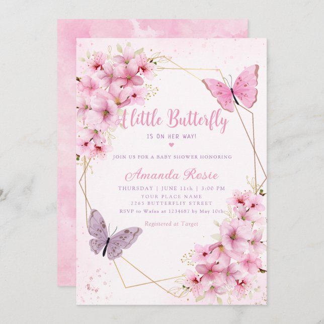 Boho Blush Pink Floral Butterfly Girl Baby Shower Invitation (Front/Back)