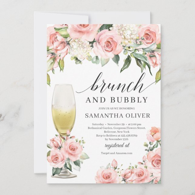 Boho blush pink floral champagne brunch and bubbly invitation (Front)