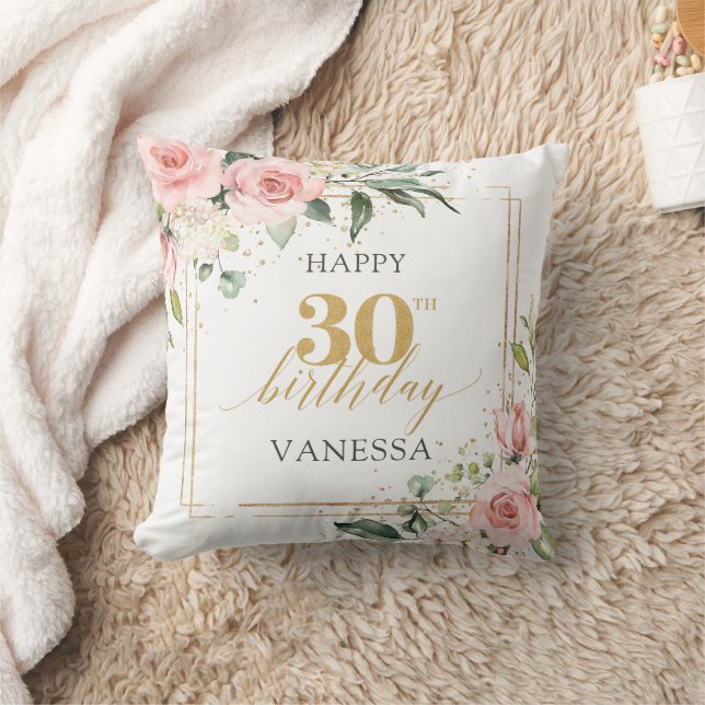 Boho Blush pink floral eucalyptus 30th birthday Cushion (Blanket)