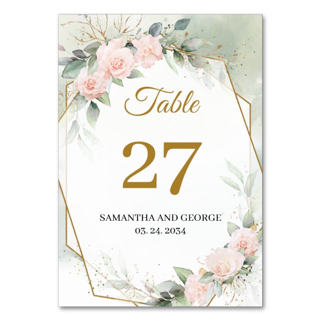 Boho Blush pink floral eucalyptus gold  Table Number (Front)