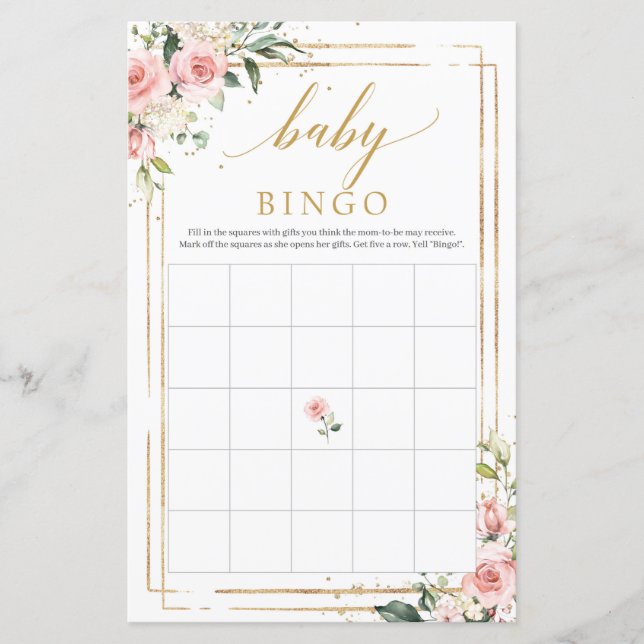 Boho blush pink floral gold baby shower bingo game (Front)
