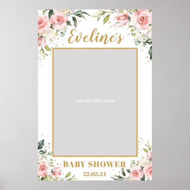 Boho blush pink floral gold baby shower photo prop poster (Front)