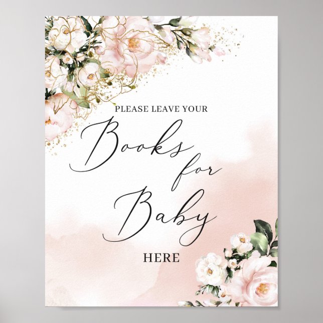 Boho blush pink floral gold books for baby sign (Front)