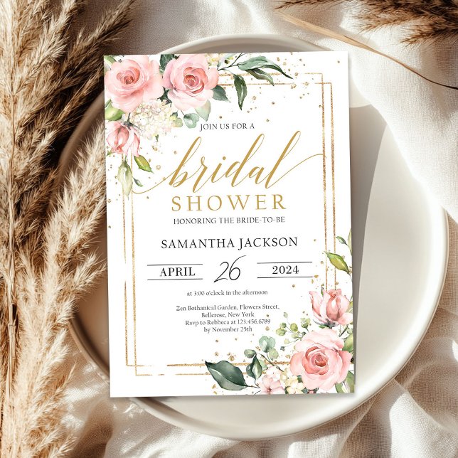 Boho blush pink floral gold frame bridal shower invitation (Boho blush pink floral gold frame bridal shower invitation)