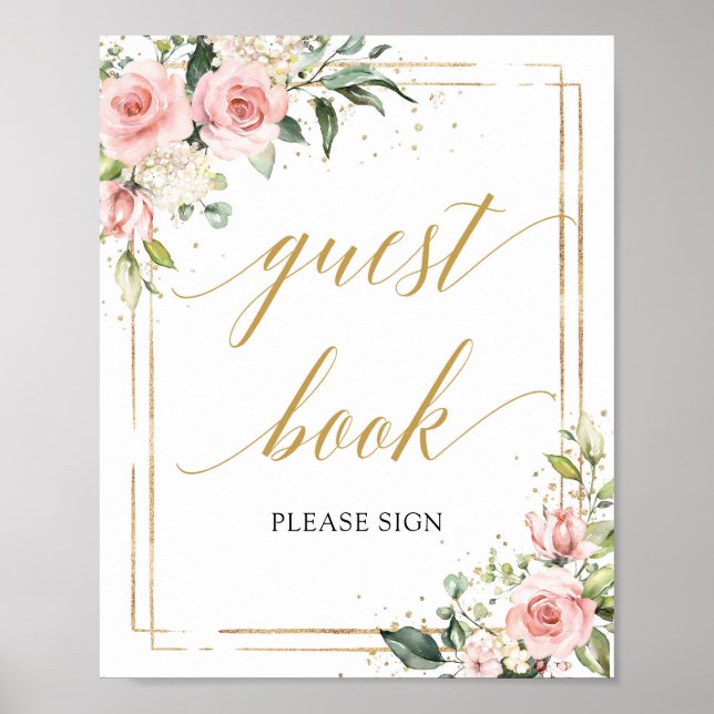 Boho blush pink floral gold frame guest book sign (Front)