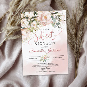 Boho blush pink floral gold leaves sweet sixteen   invitation