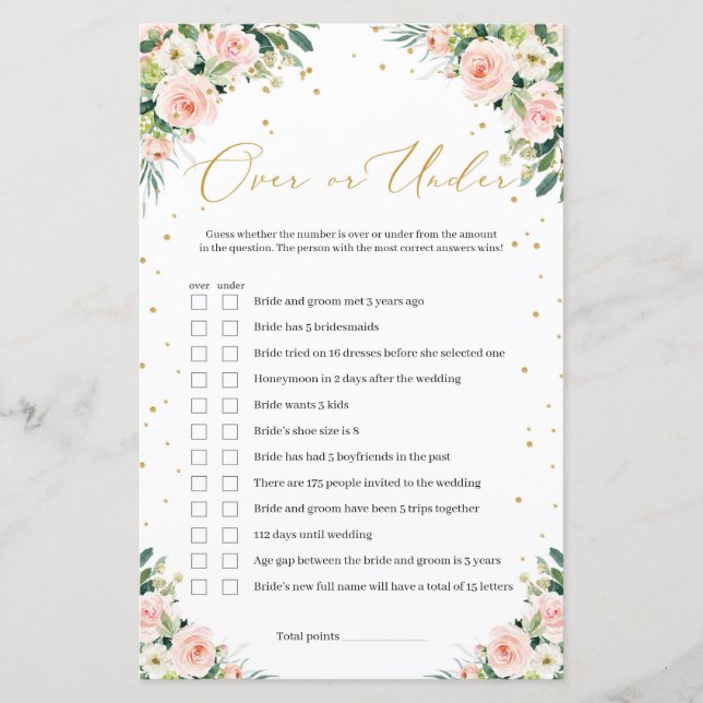 Boho blush pink floral gold over or under game (Front)