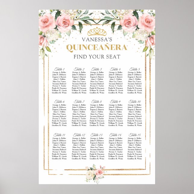Boho blush pink floral gold tiara Quinceanera Poster (Front)