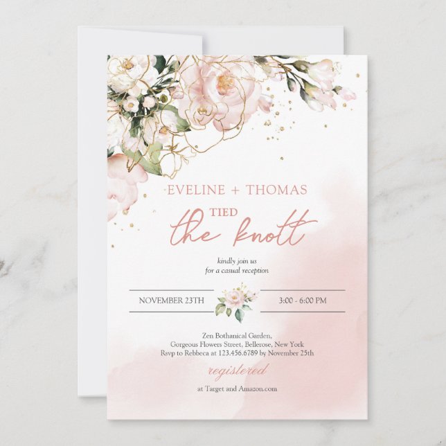 Boho blush pink floral gold tied the knot engage invitation (Front)
