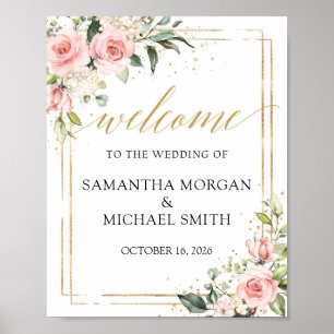 Boho blush pink floral gold wedding welcome sign