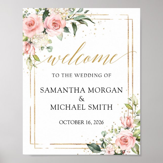 Boho blush pink floral gold wedding welcome sign (Front)