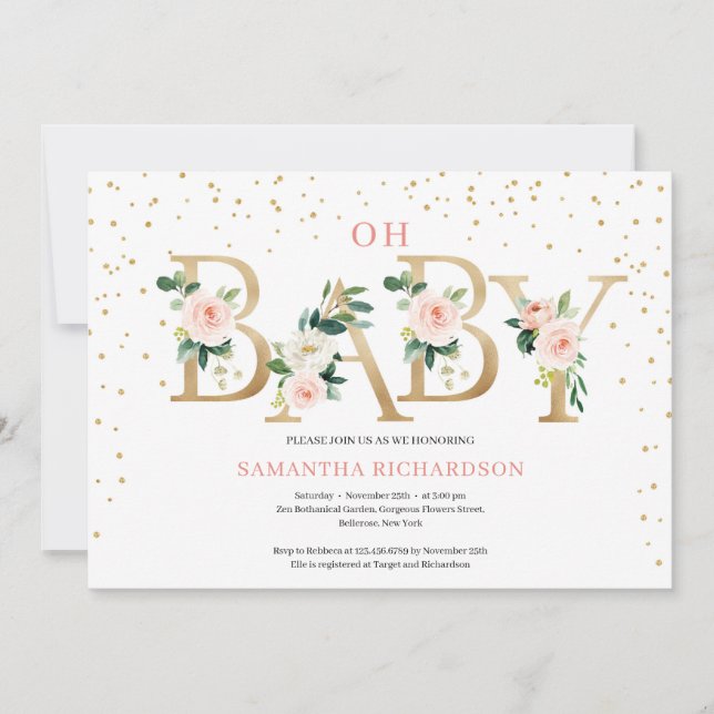 Boho blush pink floral letters gold foil oh baby invitation (Front)