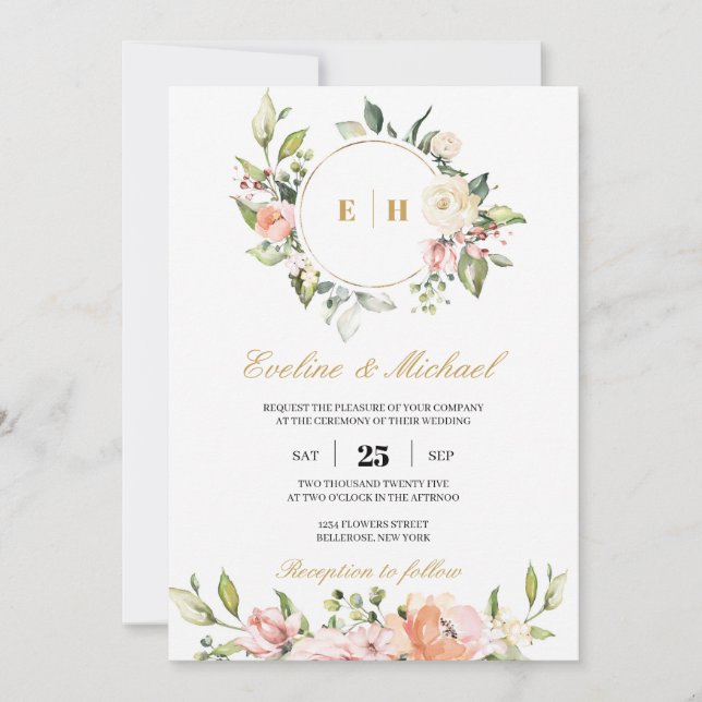 Boho blush pink floral monogram initials wedding invitation (Front)