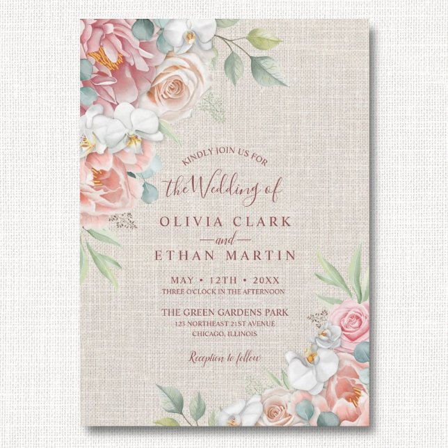 Boho Blush Pink Floral On Rustic Burlap Wedding Invitation (Creator Uploaded)