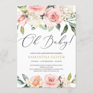 Boho Blush pink floral peach gold Oh Baby Shower Invitation