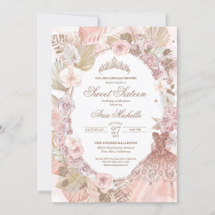 Boho Blush Pink Floral Sweet Sixteen 16th Birthday Invitation