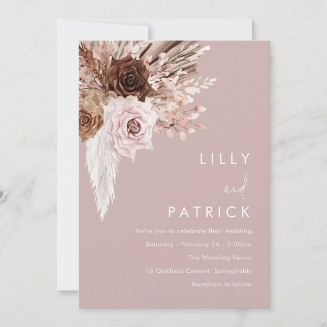 Boho Blush Pink Floral Wedding Invitation (Front)