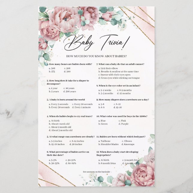 Boho blush pink flowers eucalyptus Baby trivia  (Front)