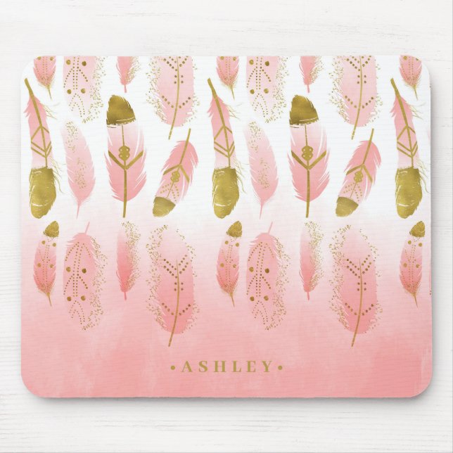 Boho Blush Pink & Gold Feathers Ombre Personalized Mouse Pad (Front)