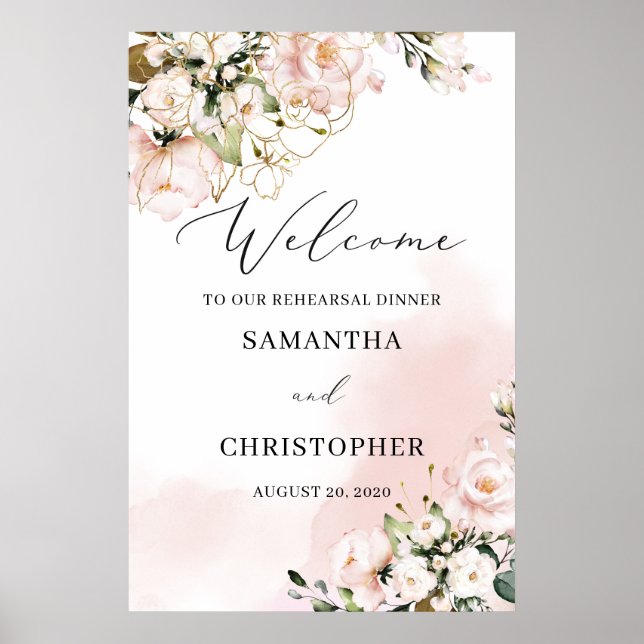 Boho blush pink gold floral wedding rehearsal sign (Front)