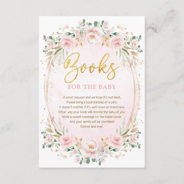 Boho Blush Pink Gold Flower Books for Baby Girl Enclosure Card (Front)