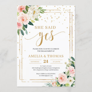 Boho BLush pink gold frame she said yes invite
