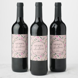 Boho Blush Pink Greenery Christmas Wine Label