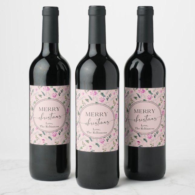 Boho Blush Pink Greenery Christmas  Wine Label (Bottles)