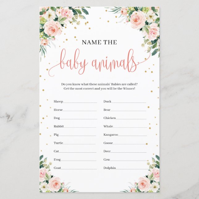 Boho blush pink greenery gold baby animals game (Front)