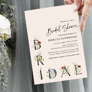Boho Blush Pink Minimal Wildflowers Bridal Shower Invitation