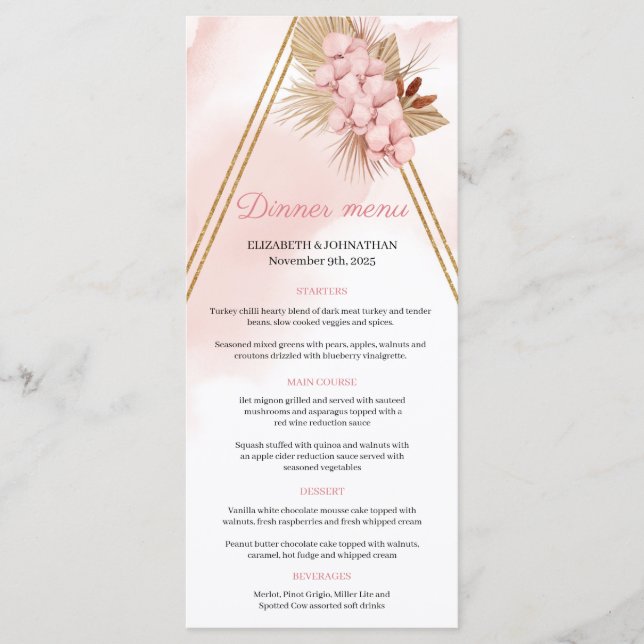 Boho Blush Pink orchid Dried Palm leaves Gold Arch Menu (Front)