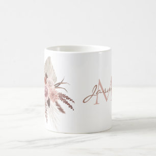 Boho Blush Pink Pampas Grass Floral Monogram Coffee Mug