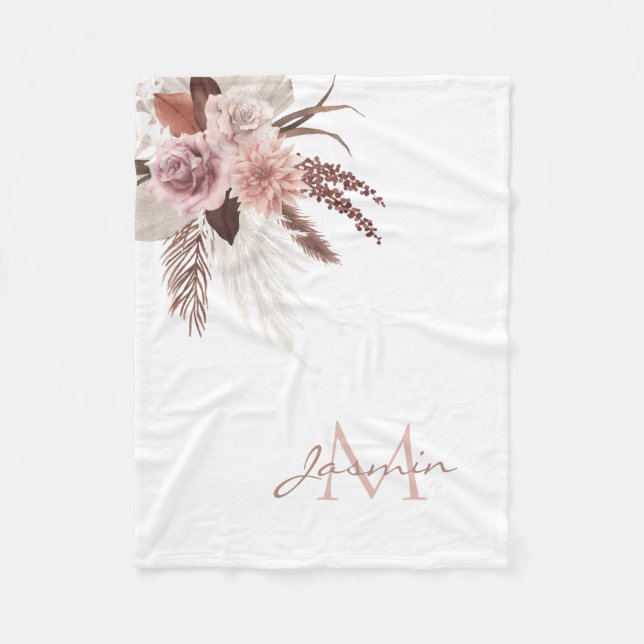 Boho Blush Pink Pampas Grass Floral Monogram Fleece Blanket (Front)