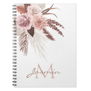 Boho Blush Pink Pampas Grass Floral Monogram Notebook