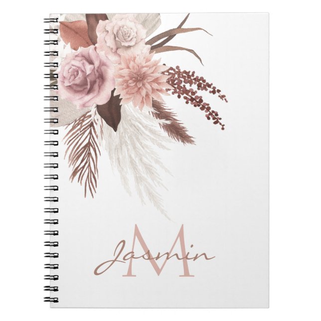 Boho Blush Pink Pampas Grass Floral Monogram Notebook (Front)