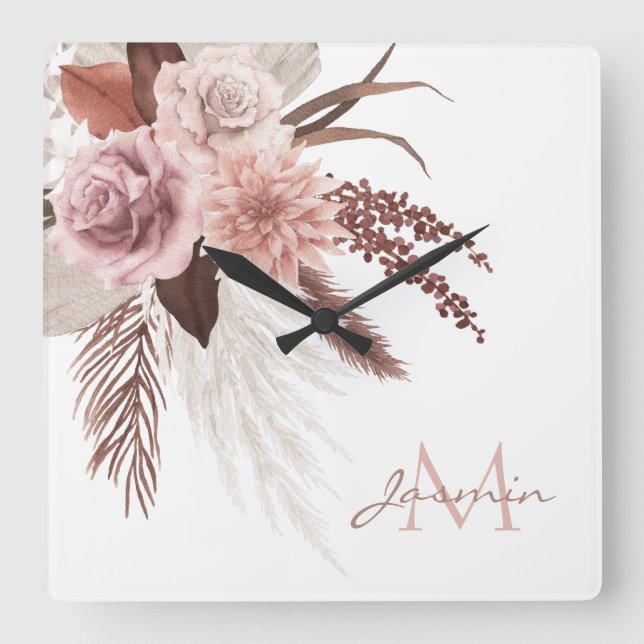 Boho Blush Pink Pampas Grass Floral Monogram Square Wall Clock (Front)