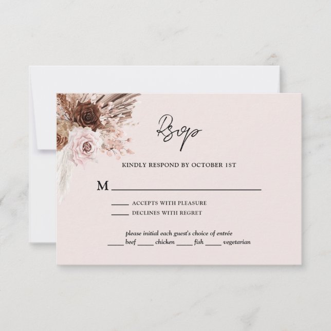 Boho Blush Pink Pampas Grass Floral Wedding RSVP Card (Front)