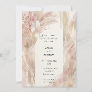 Boho Blush Pink Pampas Grass Watercolor Wedding Invitation