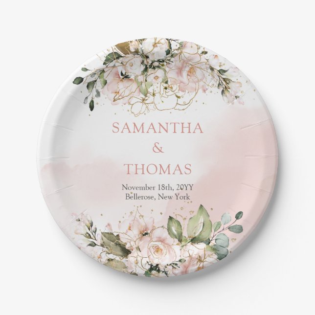 Boho blush pink roses eucalyptus greenery gold paper plate (Front)