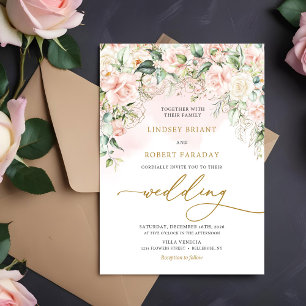 Boho Blush Pink Roses Flowers Romantic Wedding Invitation