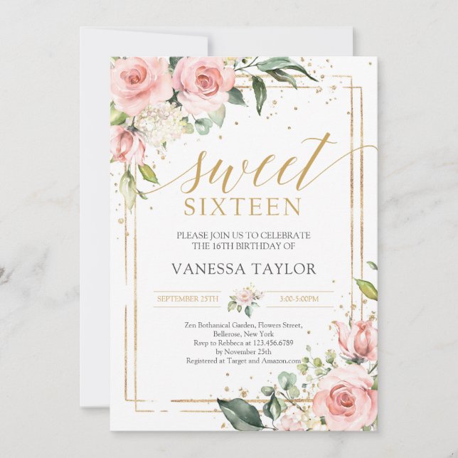 Boho blush pink roses gold glitter green sweet 16 invitation (Front)