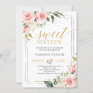 Boho blush pink roses gold glitter green sweet 16 invitation