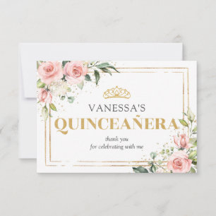 Boho blush pink roses gold tiara 15th Birthday Thank You Card