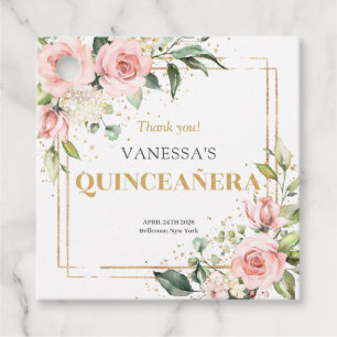 Boho blush pink roses gold tiara sage Quinceañera Favour Tags