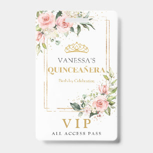 Boho blush pink roses gold tiara sage Quinceanera ID Badge